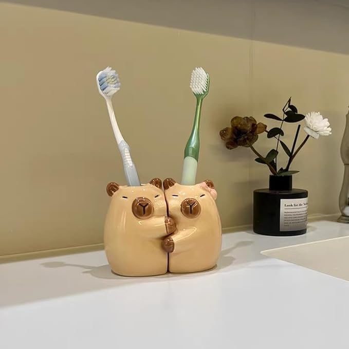 Ceramic Toothbrush Holder for Bathroom, Set of 2 Cute Capybara Shape Tooth Brush Holders Pencil Holder for Bathroom Countertop Home Office Table Decor