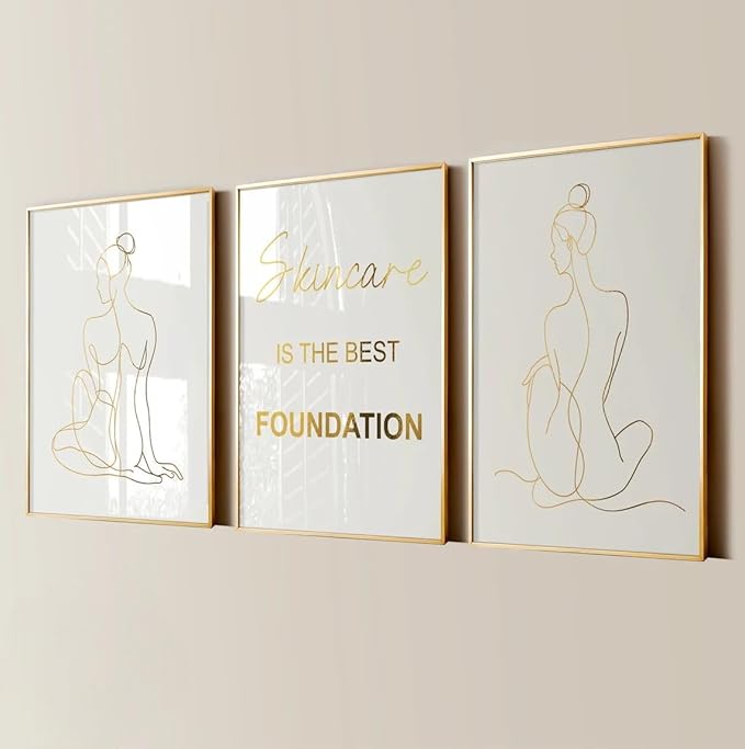 NATVVA Skin Treatment Canvas Painting 3 Pieces Skincare Is The Best Foundation Prints Wall Art Pictures for Beauty Salon Esthetician Decor with Wooden Inner Frame