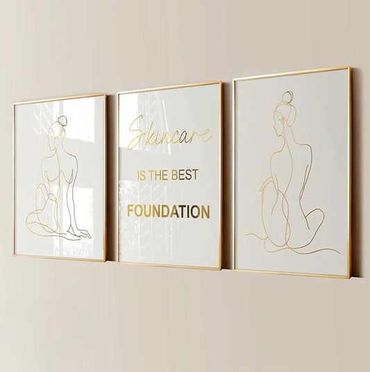 NATVVA Skin Treatment Canvas Painting 3 Pieces Skincare Is The Best Foundation Prints Wall Art Pictures for Beauty Salon Esthetician Decor with Wooden Inner Frame
