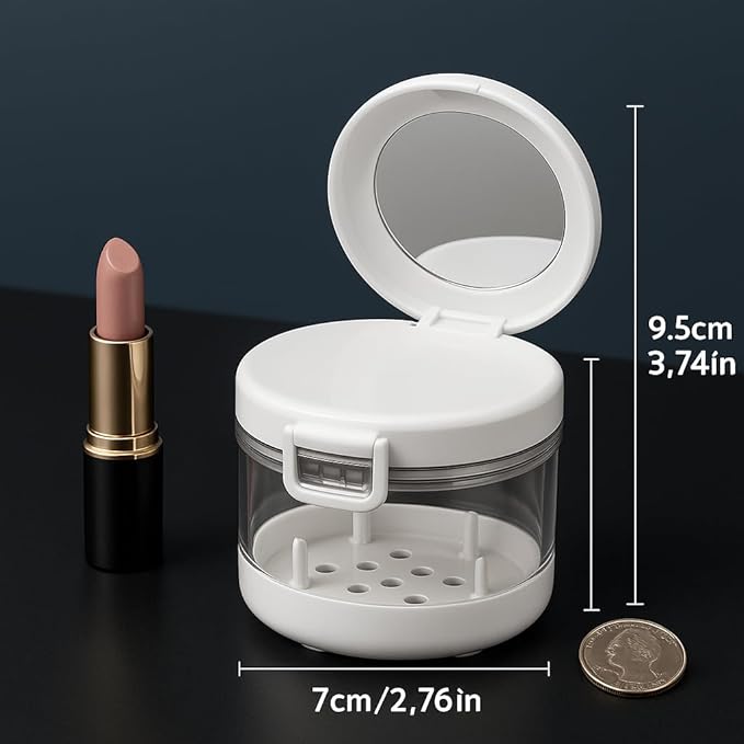 Leak-proof denture cup and travel case with mirror, brush, filter and tools. Multi-purpose denture cleaning kit with filter for denturesretainers and aligners