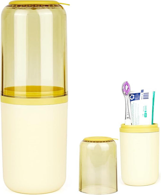 Toothbrush Travel Case, Plastic Travel Toothbrush Holder with Drain Hole, Portable Toothpaste Toothbrush Storage Container Box for Traveling, Camping, Gym, Bathroom (Light Yellow)