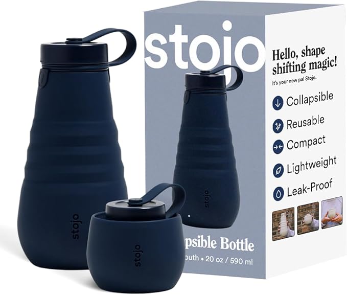 STOJO Collapsible Water Bottle – Denim Blue, 20oz / 592ml - Leak-Proof Reusable Silicone Travel Cup for Hot & Cold Drinks - Microwave & Dishwasher Safe