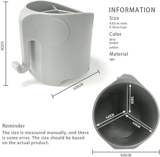 RyanLemon Elephant Toothbrush Holder for Toddler, Suction Cup Cute Toothbrush Holder for Kids, for Bathroom, with 3 Slots and 1 Hook, Grey