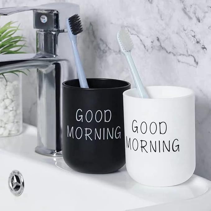 Toothbrush Holders 2pcs, Bathroom Mouthwash Cups, Japanese Drinking Cup 300ml, Water Mug, Plastic Pen Holder (Black & White)
