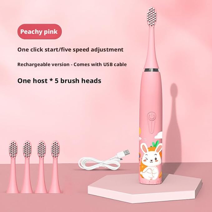3PCS Rechargeable Children's Electric Toothbrush Ip7 Waterproof, Ultrasonic Vibration, Cute Cartoon Soft Fur Design, 5 Brush Heads