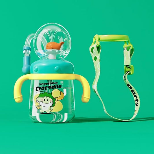 Drinking Cup With Whale Squirt, Weighted Sippy Cups With Adjustable Straps, 300ml Whale Water Cups With Silicone Soft Tip, Portable Leak Proof Straw Sippy Cup For Kids (A-Green)