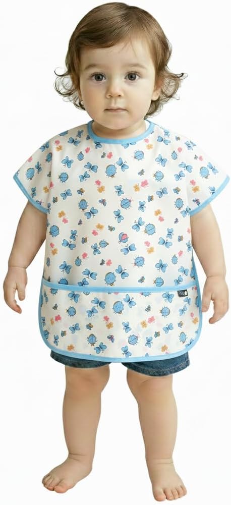 Short Sleeve Waterproof Bib for Toddlers – Easy Clean Feeding Apron for Mealtime, Daycare, Self-Feeding, Lightweight