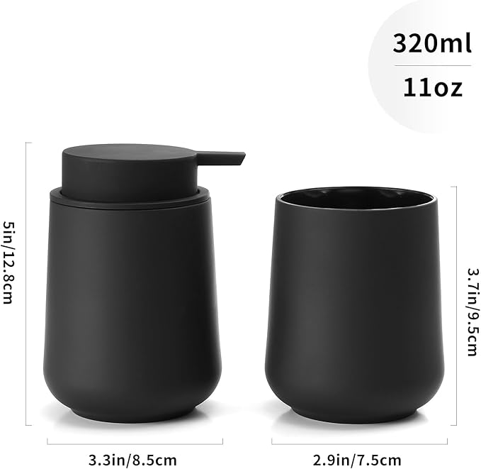 Matte Black Bathroom Accessories 2 Piece Set Plastic Soap Dispenser and Toothbrush Holder for Modern Bathroom Decor