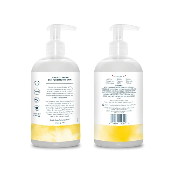 Kirk's Hydrating Hand Wash - Made with Coconut Oil and Aloe Vera, With Odor Neutralizing Technology To Help Eliminate Odors, Non-GMO, Vegan, Lemon & Eucalyptus, 12 Fl Oz. 4 pack