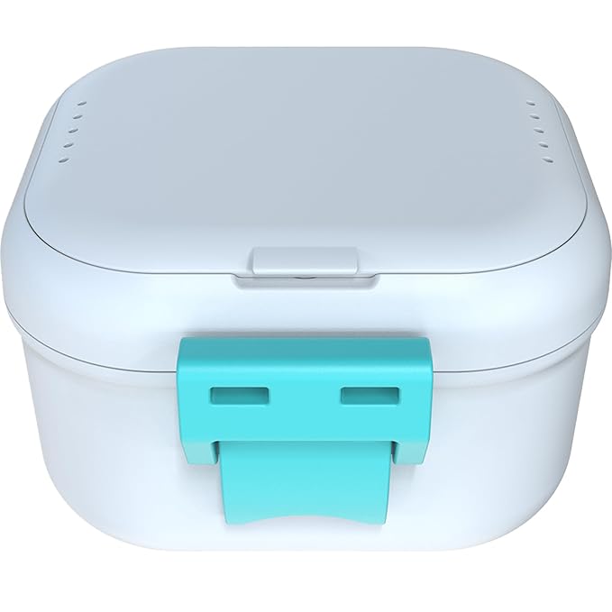ARGOMAX Leak Proof Denture Bath Cup, Portable Soaking Denture Box, Denture Bath Case with Strainer, for Dentures and Braces, Upgraded Version with Storage Compartment (White + Cyan).