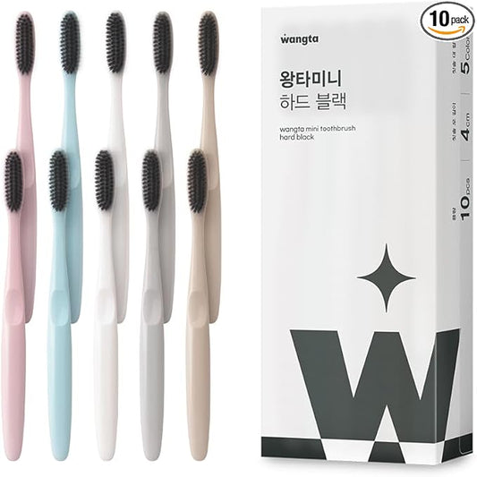 WANGTA Mini Black – Charcoal Large Toothbrush – 1.4 inch (3.5 cm) Head | 3,200 Bristles for Firm Cleaning & Bacterial Suppression | Made in Korea Oral Care (10 Pack)