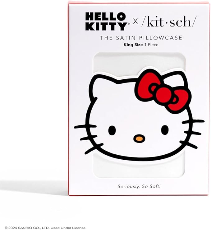 Kitsch x Hello Kitty (Solid Ivory Kitty Bow) - Satin Pillowcase with Zipper for Hair and Skin, Softer Than Silk, Smooth Cooling Pillow Covers, Machine Washable, King Size (19x36)