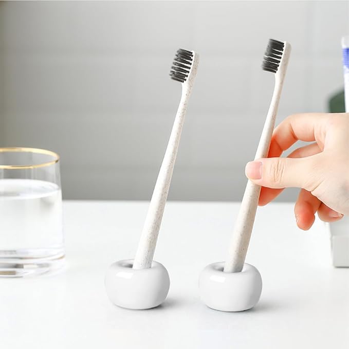 Mini Ceramics Toothbrush Holder Stand for Bathroom Vanity Countertop, Handmade Couple Toothbrush Head Holder, Shaver Holder and Office Pen Holder, 2-Piece Set White