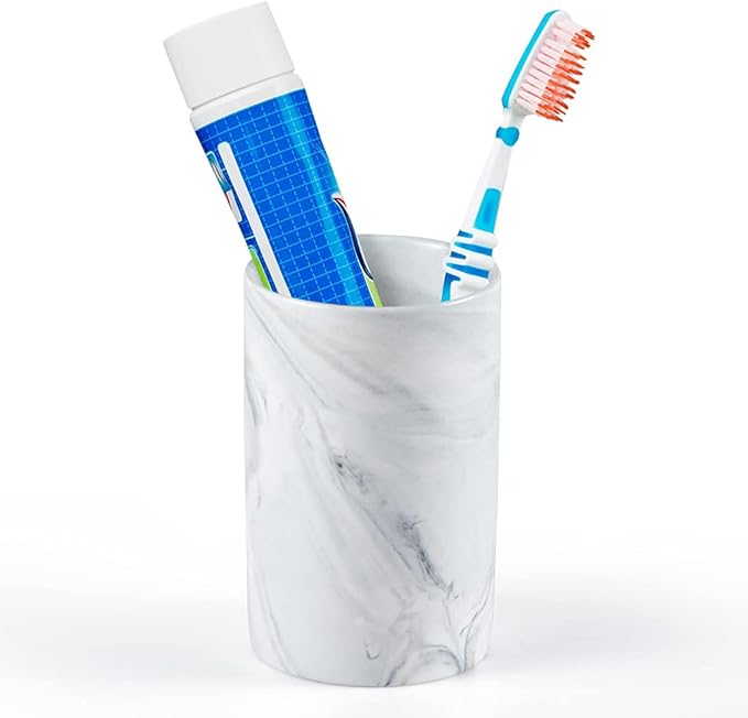 Bathroom Tumbler Cup, Ceramic Toothbrush Holder Stand for Mouthwash Rinsing, Toothpaste, Pen, Makeup Brush, Teaspoon Organizer, 10oz / 300ml (Marble Pattern)