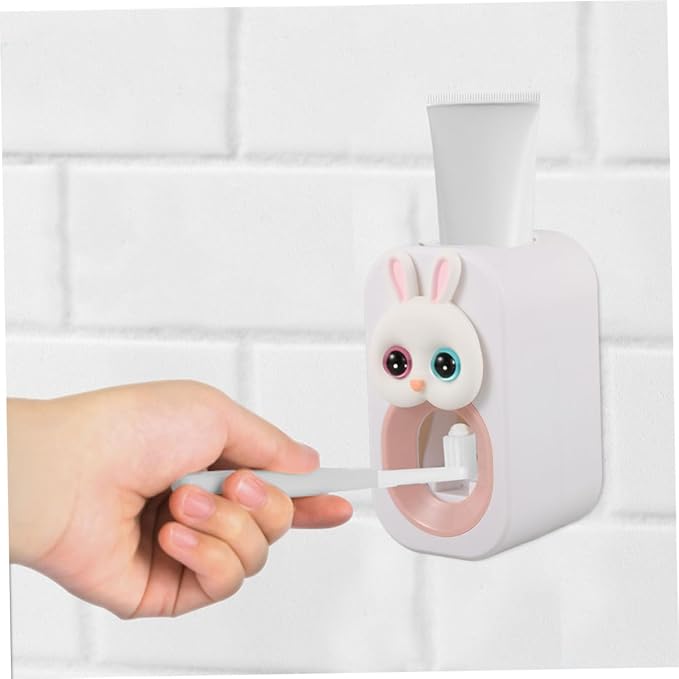 SAFIGLE 2pcs Automatic Toothpaste Pump for Boys and Girls Wall-Mounted Rabbit Dispenser Toothbrush Holder Sturdy Easy to Install Decor