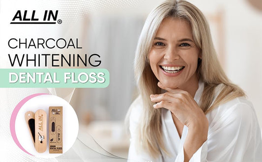 ALL IN Waxed Charcoal Floss with a Refillable Dental Floss Holder - Plant Based, No PFAS - Mint Floss for Effective Plaque Removal, Clean Teeth, Fresh Breath - 32 yd