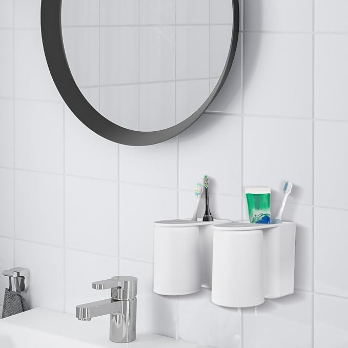 3 Pcs Toothbrush Holder Wall Mounted with Cup, 2-in-1 Toothbrush Holders for Bathroom, Hanging Toothbrush Cup Holder Without Drilling, Magnetic Space-Saving Toothbrush Organizer for Family (3Pcs)