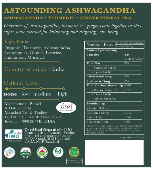 Luxmi Estates - Astounding Ashwagandha - Organic Loose Leaf Tea - 100g (50 Cups) | With Ashwagandha, Turmeric, Ginger, Lemongrass & More | Perfect Stress Relief Tea
