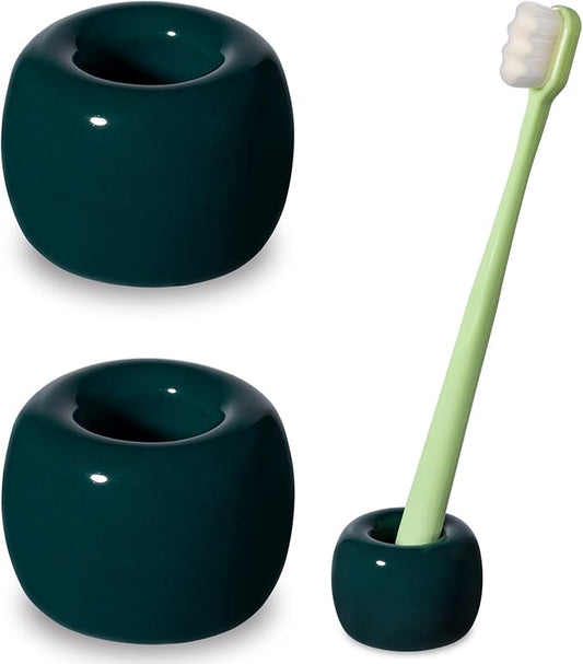 Urbanstrive Sleek Mini Ceramics Toothbrush Holder Stand for Bathroom Vanity Countertops, Dark Green, 2 Pack