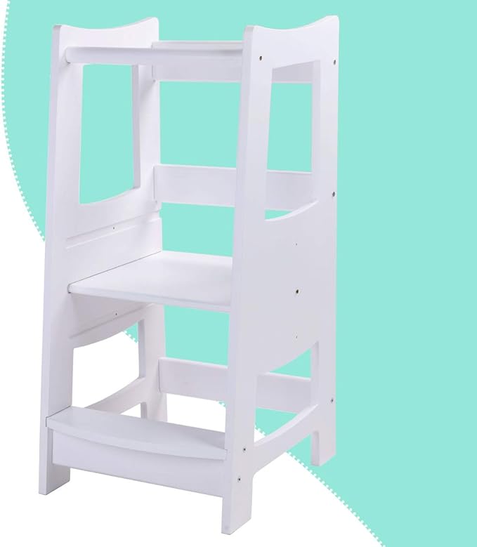 Toddlers Kitchen Step Stool with Safety Rail Kids Wooden Standing Tower for Kitchen Counter and Bathroom Sink, 3 Heights Adjustable Step Up Stool Mothers' Helper, Solid Wood Construction, White
