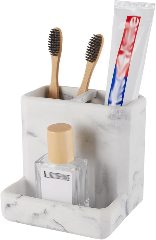 Toothbrush Holder for Bathrooms Organizer Countertop Organizer Accessories, with 3 Compartment Storage for Toothbrush Toothpaste Floss Razors, White Imitation Marble Finish Toothbrushholder03