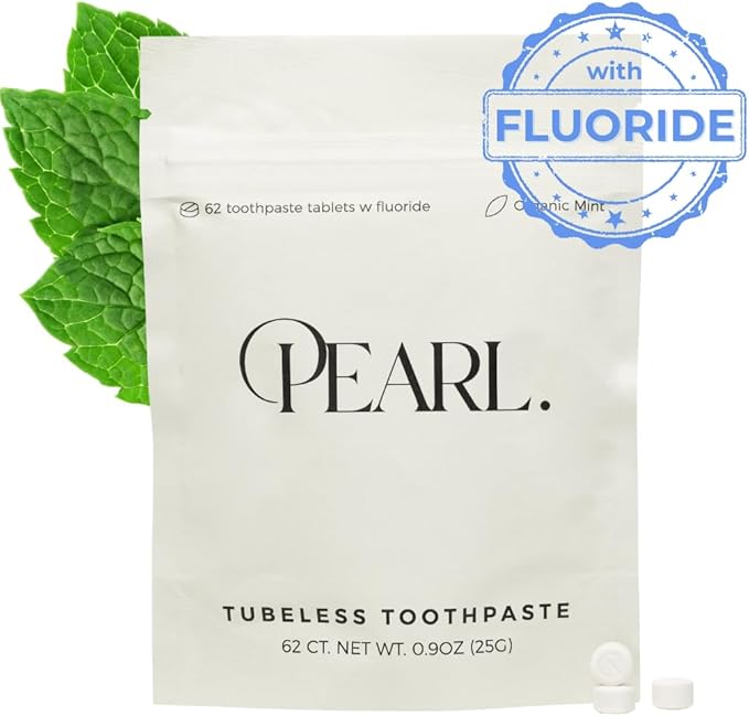 Pearl Fluoride Mint Toothpaste Tablets | Dentist Developed | Natural Whitening | Sensitivity Relief | TSA Approved | Plastic-Free | Reusable Packaging (62 Tablets)