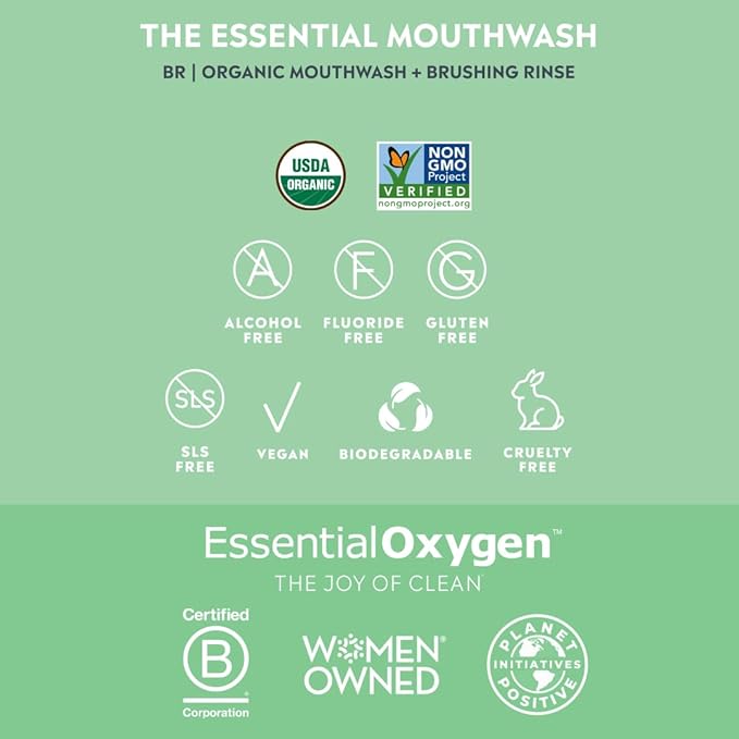 Essential Oxygen Certified BR Organic Brushing Rinse, All Natural Mouthwash for Whiter Teeth, Fresher Breath, and Happier Gums, Alcohol-Free Oral Care, Peppermint, 32 Ounce