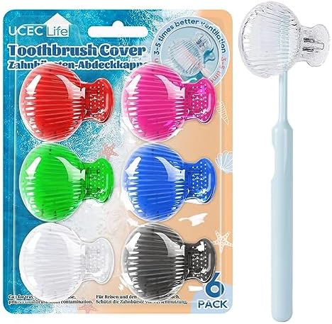 UCEC 6 Pack Toothbrush Covers - Protector Head Caps with Plastic Clip for Travel, Camping, Bathroom, School, Business