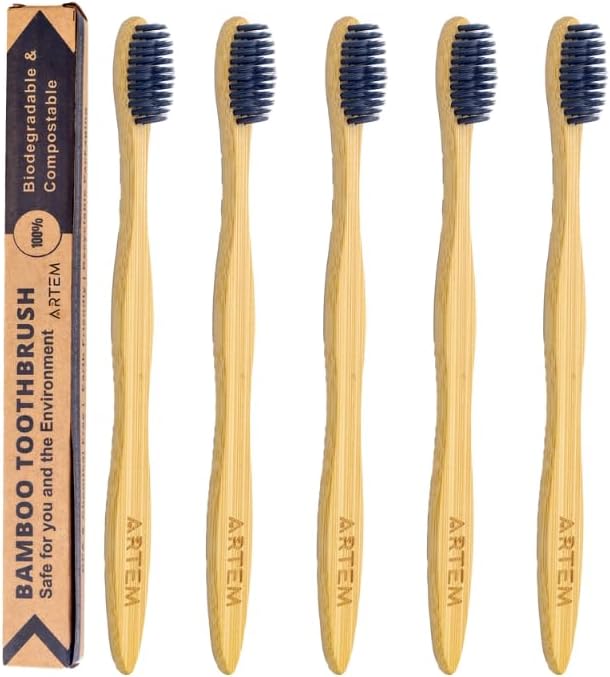ARTEM Bamboo Toothbrush with Soft Bristles – Eco-Friendly, Biodegradable & Compostable – Natural Wooden Toothbrush for Adults & Kids – Plastic-Free Oral Care (Pack of 5)