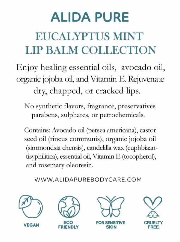 Eucalyptus Mint Lip Balm Collection, Vegan Set, Beeswax Free, with Organic Jojoba and Avocado Oil, Vitamin E, Natural Moisturizer for Dry, Chapped Lips, 3 Tube Set