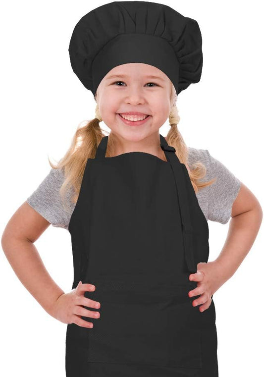 Kids Apron and Chef Hat Set, Adjustable Cotton Child Aprons with Large Pocket Black Girls Boys Kitchen Bib Aprons for Cooking Baking Painting