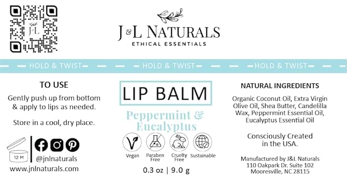 J&L Naturals Sustainable Lip Balm | Organic Ingredients, 100% Natural, Eco-Friendly | Cruelty Free, Vegan, Paraben Free, Silicone Free (Peppermint & Eucalyptus, Single)