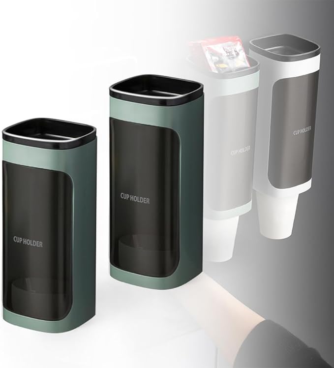 2 Pcs Cup Dispenser Wall Mounted, Bathroom Cup Dispenser Holder for 3oz-9.5oz Disposable Paper and Plastic Cups, Water Cooler Cup Dispenser with Adhesive Plate (Single Green)