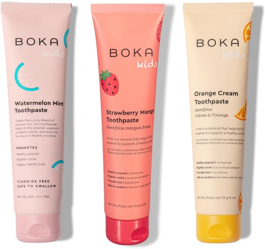 Boka Fluoride Free Toothpaste Nano Hydroxyapatite Toothpaste - Orange Cream, Watermelon Mint, Strawberry Mango Flavor, 4 oz 3Pk US Manufactured