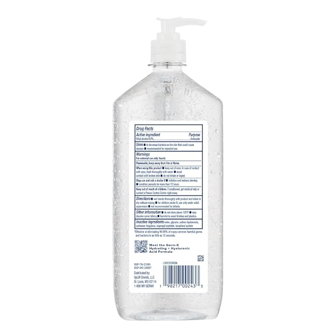 Germ-X Hydrating Hand Sanitizer, with Hyaluronic Acid, 1L Bulk Pack, No Rinse Formula, Sanitizing Liquid Gel for All Skin Types, Formulated without Parabens, Phthalates & Dyes