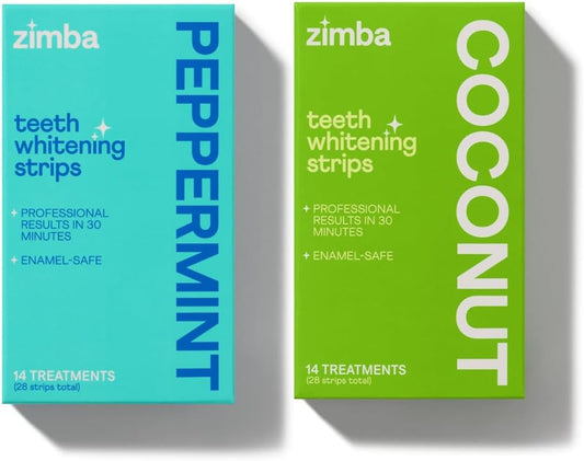 Zimba Peppermint & Coconut Teeth Whitening Strips for Teeth Sensitive, White Strips for Teeth Whitening, Teeth Whitener Stain Remover 28 White Strips Included Per Pack, 2 Pack (14 Day Treatment)