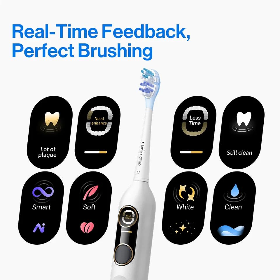 usmile Y10 PRO Rechargeable Electric Toothbrush with Smart Display, Missed Spot Detection, Pressure Sensor, 180-Day Battery Life, IPX8 Waterproof, Travel-Friendly with 2 Brush Heads