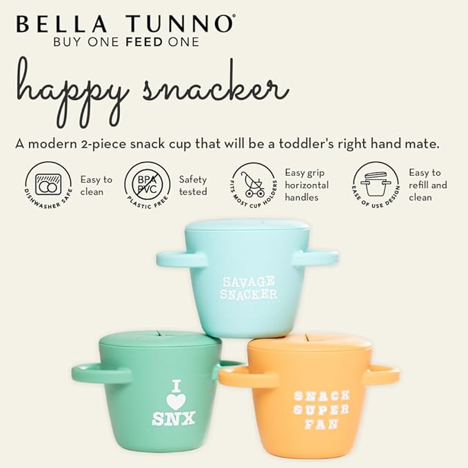 Bella Tunno Snack Cups for Toddlers, Set of 2 Silicone Spill Proof Food Containers with Lids, Babies & Kids 6-12 Months, Mr. Happy & Cheerio Mate