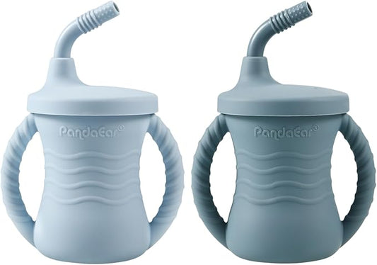 PandaEar Silicone Training Cup, 2 Pack Baby Drinking Sippy Cups with Handles & Straw for Baby and Toddler 6 Months+ (Dark Blue/Light Blue)