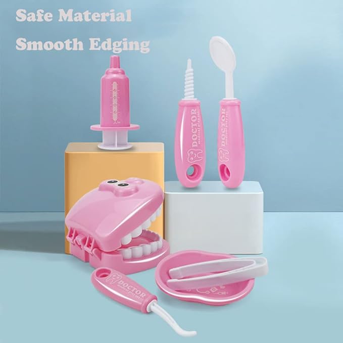 9PCS Plastic Simulation Dentist Play Set Medical Kit Pretend Toy for Kids Hygienic Habbit Cultivation Role Play Game for Children 6 Colors (Purple/Pink/Yellow/Green) OPP Bag Packaging (Pink)