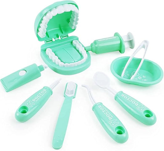 9PCS Plastic Simulation Dentist Play Set Medical Kit Pretend Toy for Kids Hygienic Habbit Cultivation Role Play Game for Children 6 Colors (Purple/Pink/Yellow/Green) Simple OPP Bag Packaging (Green)