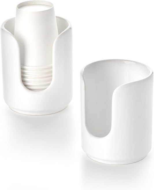 3 oz Original Ceramic Bathroom Cup Dispenser with 5 PLA Paper Cups, Bathroom Essential Accessories for Mouthwash Holder on Bathroom Vanity Countertops (2 Pack, White)