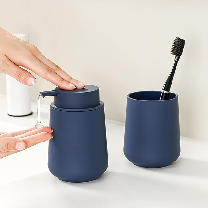 Matte Navy Blue Bathroom Accessories 2 Piece Set Plastic Soap Dispenser and Toothbrush Holder for Modern Bathroom Decor