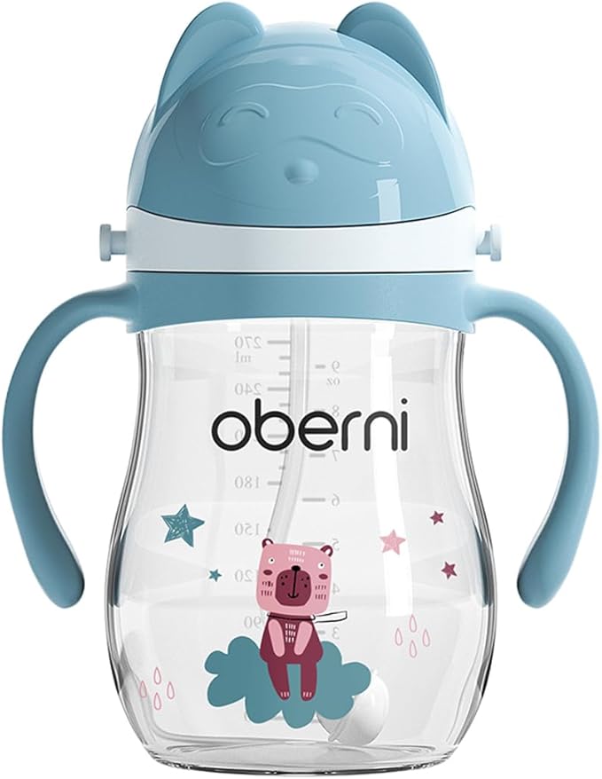 Leakproof Sippy Cups, Double Sealing No Spill Water Bottle with Weighted Straw and Non-Slip Handle for Toddler 1-3 Years, Tritan Baby Cups 12+ Months, 270ml/9oz (1Pack,Blue)