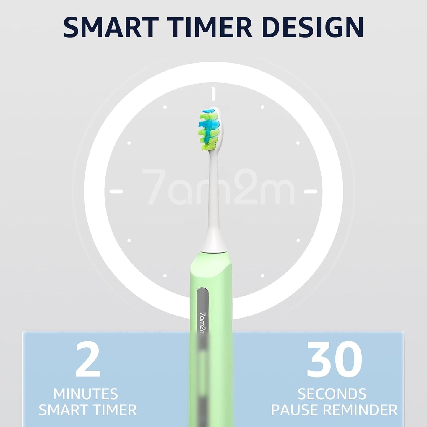 7AM2M Sonic Electric Toothbrush, High Power Rechargeable Toothbrushes, with 8 Brush Heads for Adults and Kids, 15 Adjustable Modes, Built-in 2-Minute Smart Timer, 4 Hours Fast Charge (Light Green)