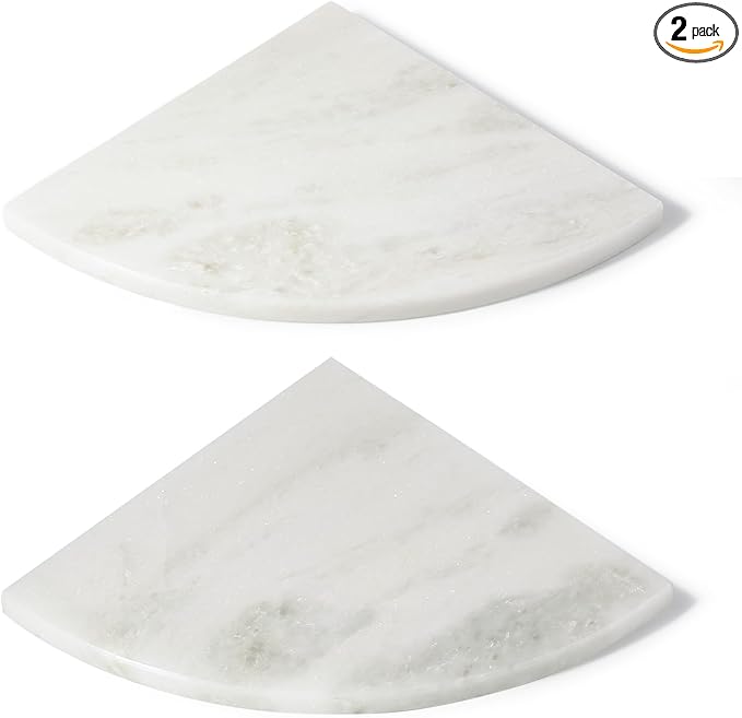 Koville 2 Pcs White Marble Corner Shower Shelves for Bathroom, 10'' Polished Marble Corner Shelves, Wall Mounted Stone Corner Shower Caddy, No Drilling Adhesive Shower Shelf - Namib Fantasy