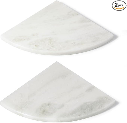 Koville 2 Pcs White Marble Corner Shower Shelves for Bathroom, 10'' Polished Marble Corner Shelves, Wall Mounted Stone Corner Shower Caddy, No Drilling Adhesive Shower Shelf - Namib Fantasy