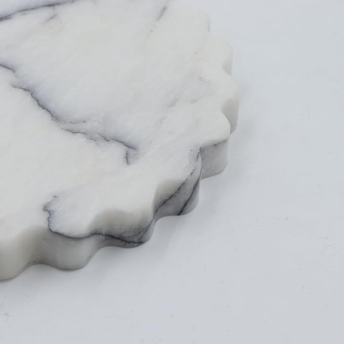 Round Marble Decorative Tray with Scalloped Edge, Luxury Natural Stone Bathroom Vanity Tray, Dresser Top Perfume Coffee Home Kitchen Sink Tray, Key Trinket Ring