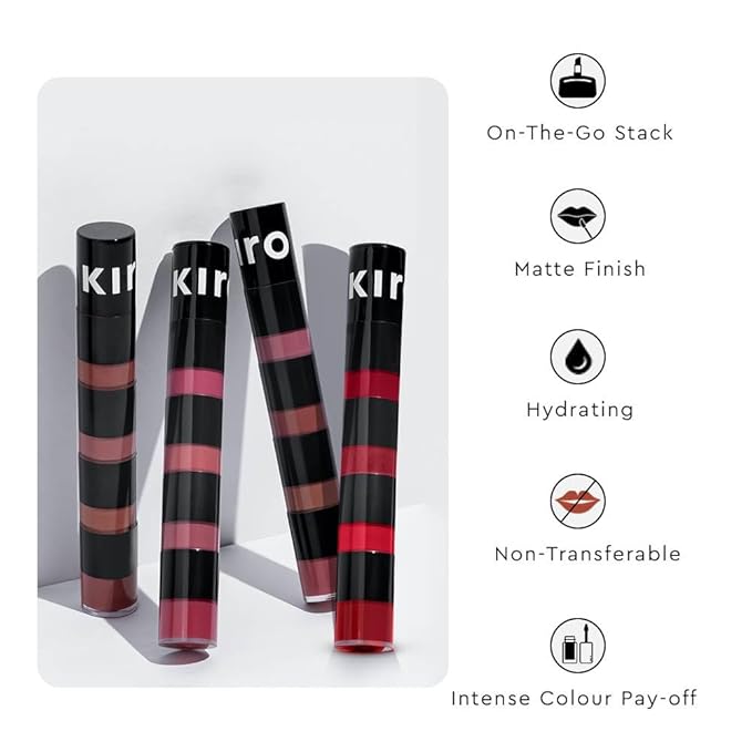 KIRO Four Play Non-Stop Airy Matte Liquid Lip Stack – Dominant Red | 4 Nude Lipstick Shades | Long-Lasting, Transfer-Proof, Hydrating, Lightweight | Infused with Avocado & Apricot Oils | 6ml