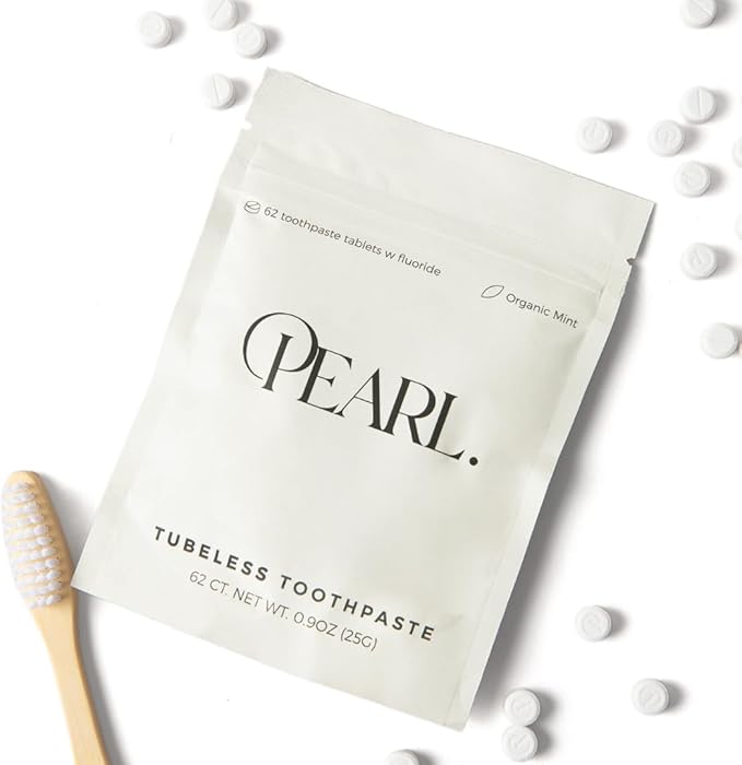 Pearl Fluoride Mint Toothpaste Tablets | Dentist Developed | Natural Whitening | Sensitivity Relief | TSA Approved | Plastic-Free | Reusable Packaging (62 Tablets)